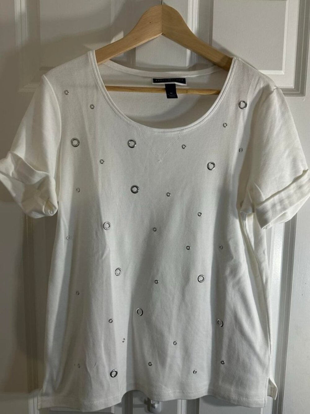 Karen Scott White Grommet Detail Cotton Tee - Size M